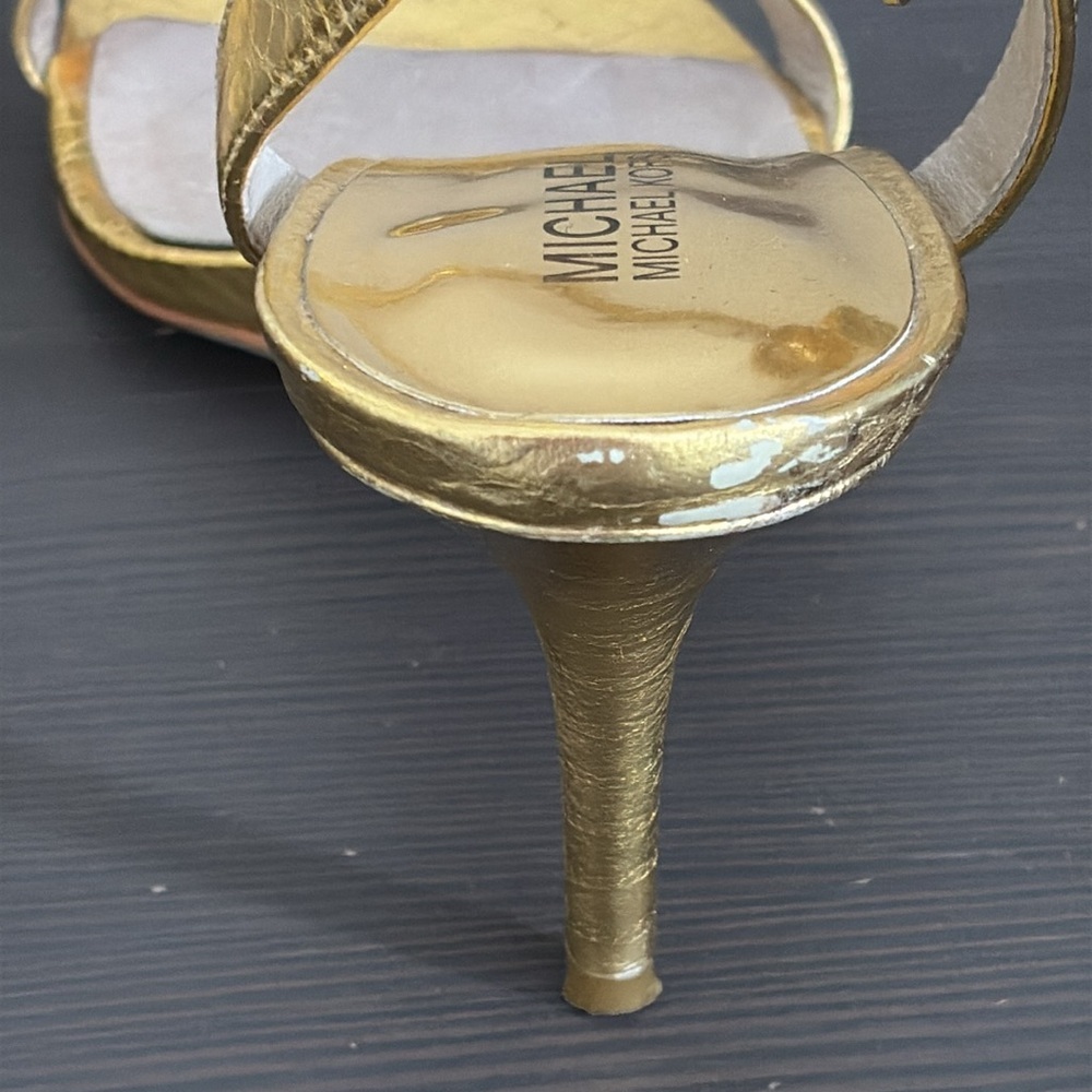 Michael Kors Livvy Ankle Heeled Sandals Strappy Metallic‎ Leather Gold Size 7.5 - Picture 8 of 14